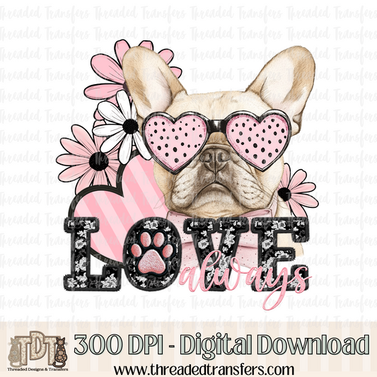 Love Always Cream French Bulldog Faux Embroidery Digital Design Download (PNG Format - no product shipped)