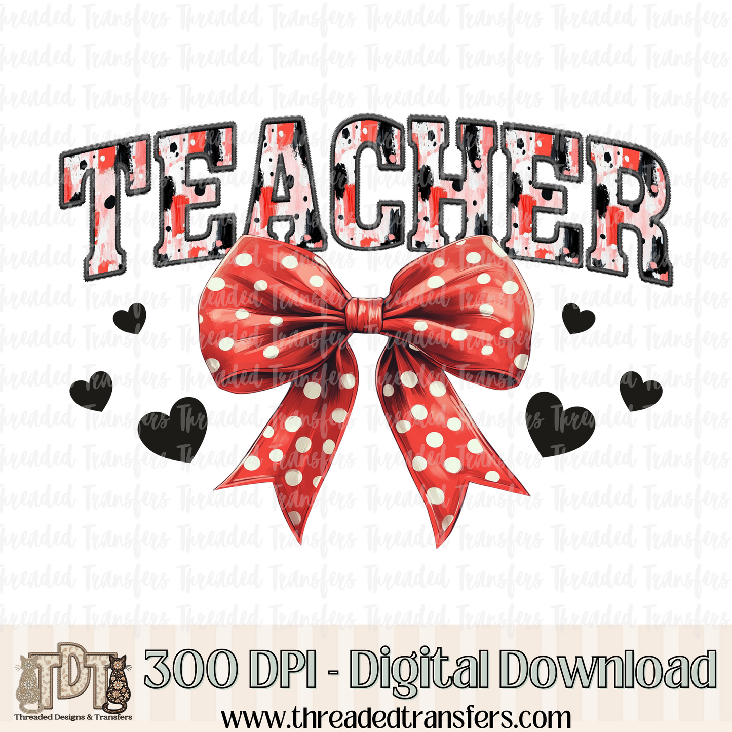 Teacher Coquette Bow Faux Embroidery Digital Design Download (PNG Format - no product shipped)