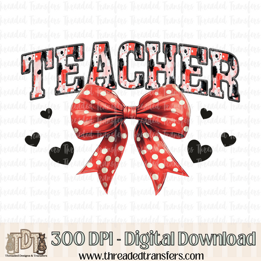 Teacher Coquette Bow Faux Embroidery Digital Design Download (PNG Format - no product shipped)