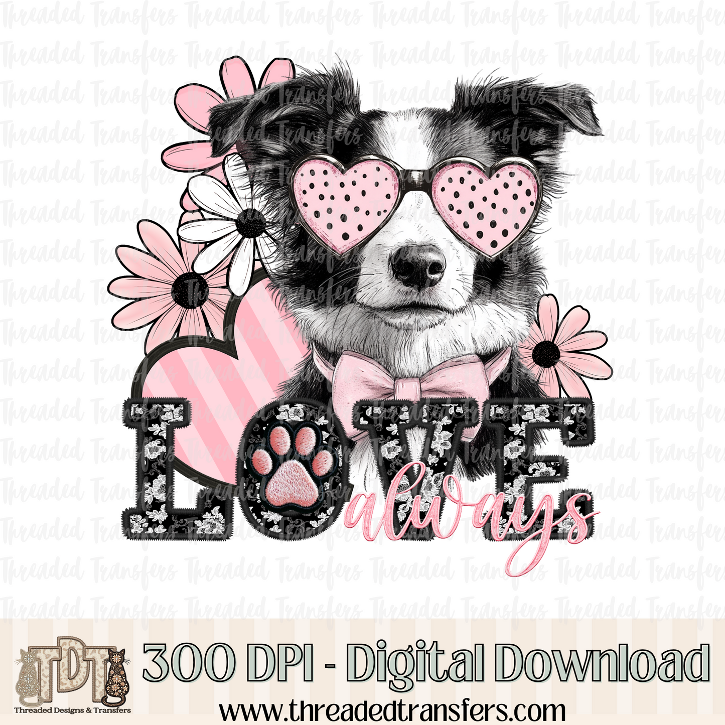 Love Always Border Collie Faux Embroidery Digital Design Download (PNG Format - no product shipped)