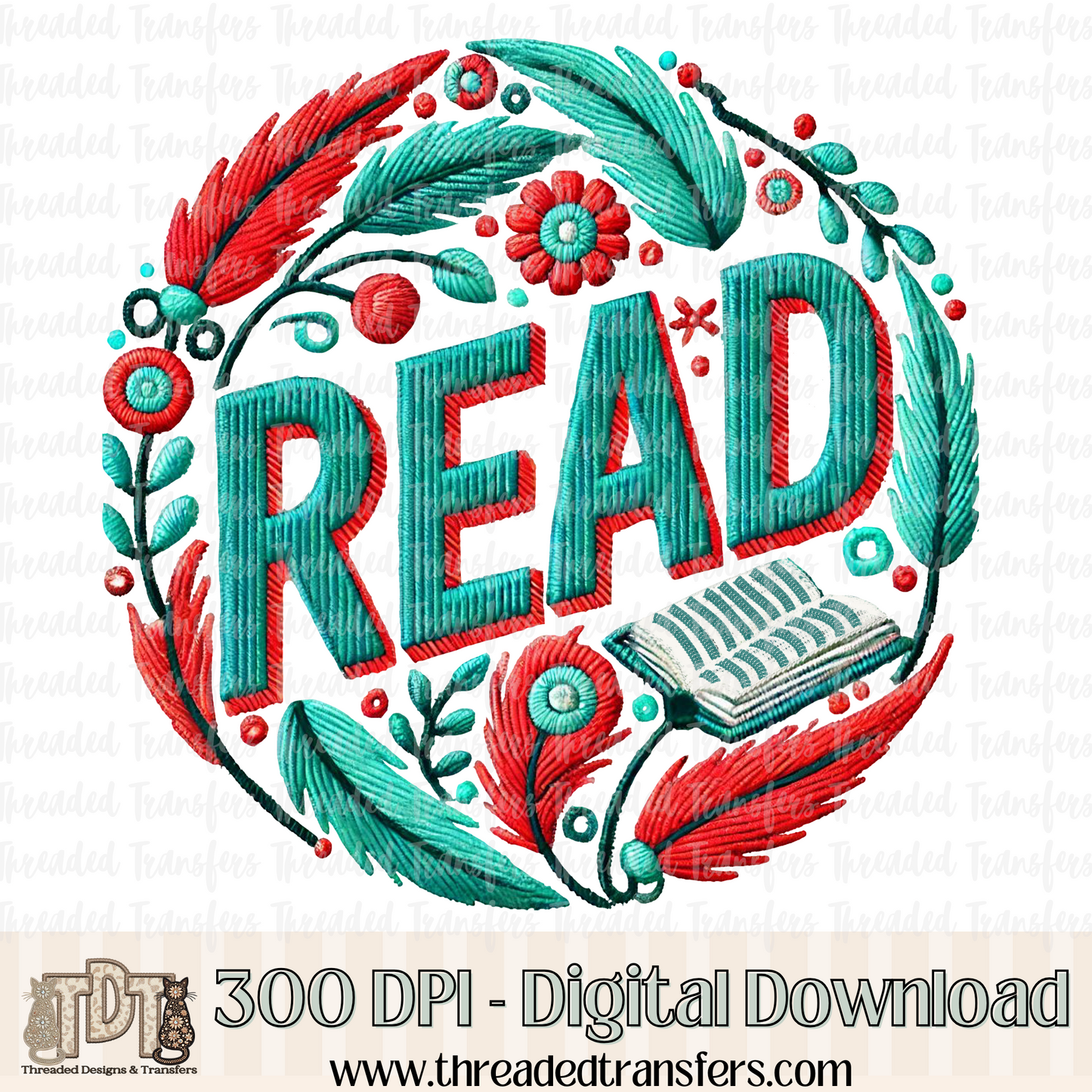 Floral read Faux Embroidery Digital Design Download (PNG Format - no product shipped)