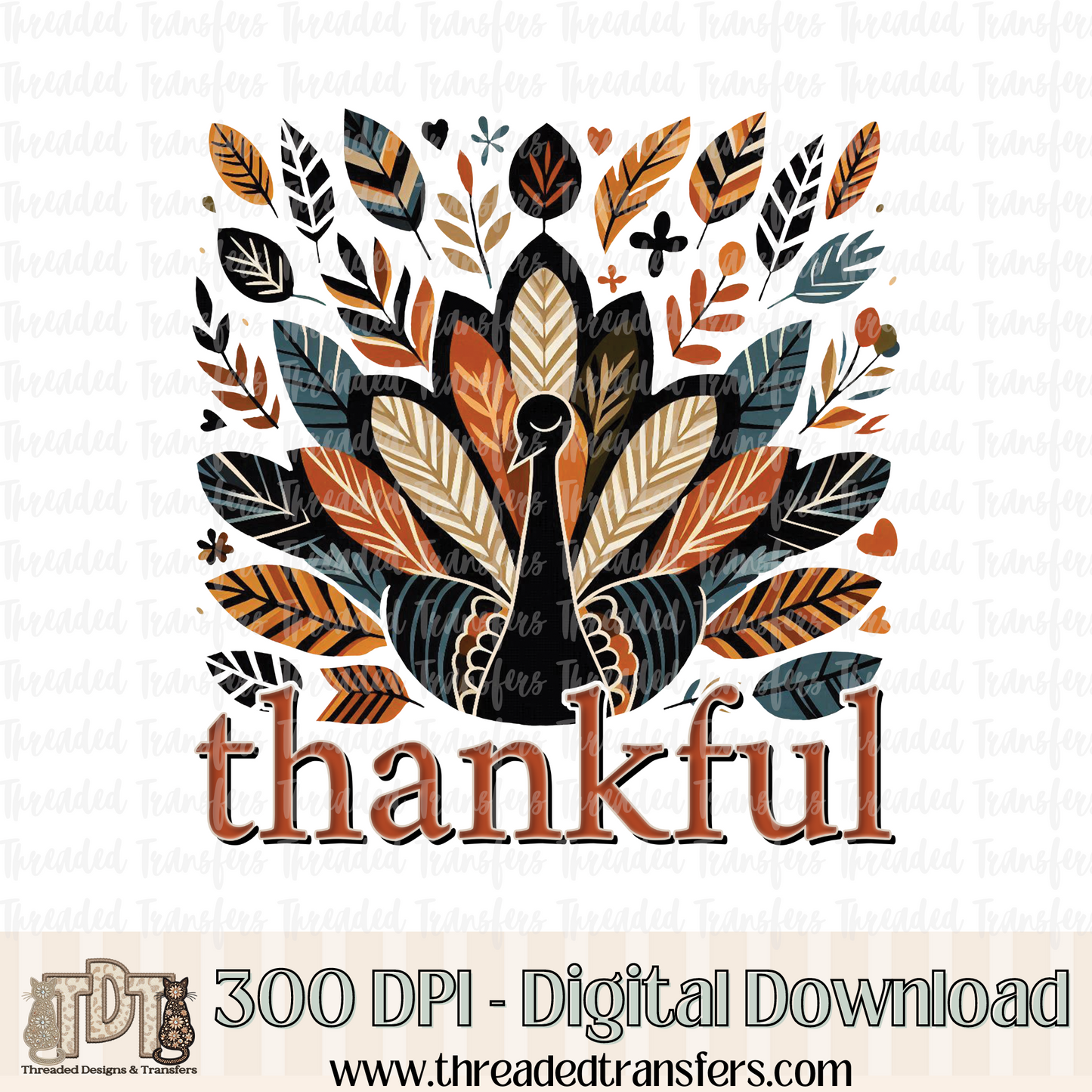 Thankful Boho Turkey Digital Design Download (PNG Format - no product shipped)