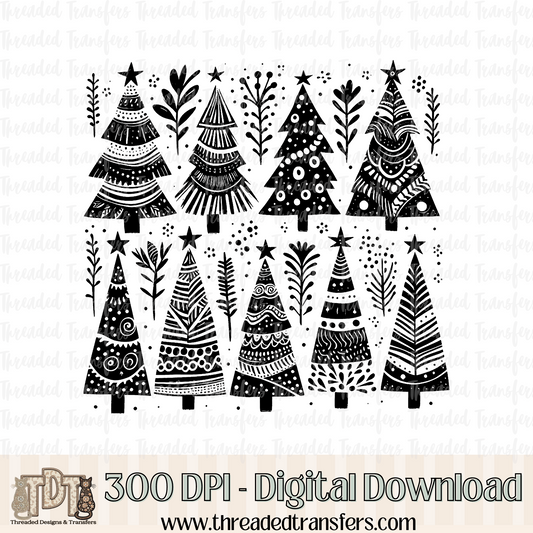 Doodle Christmas Trees Digital Design Download (PNG Format - no product shipped)