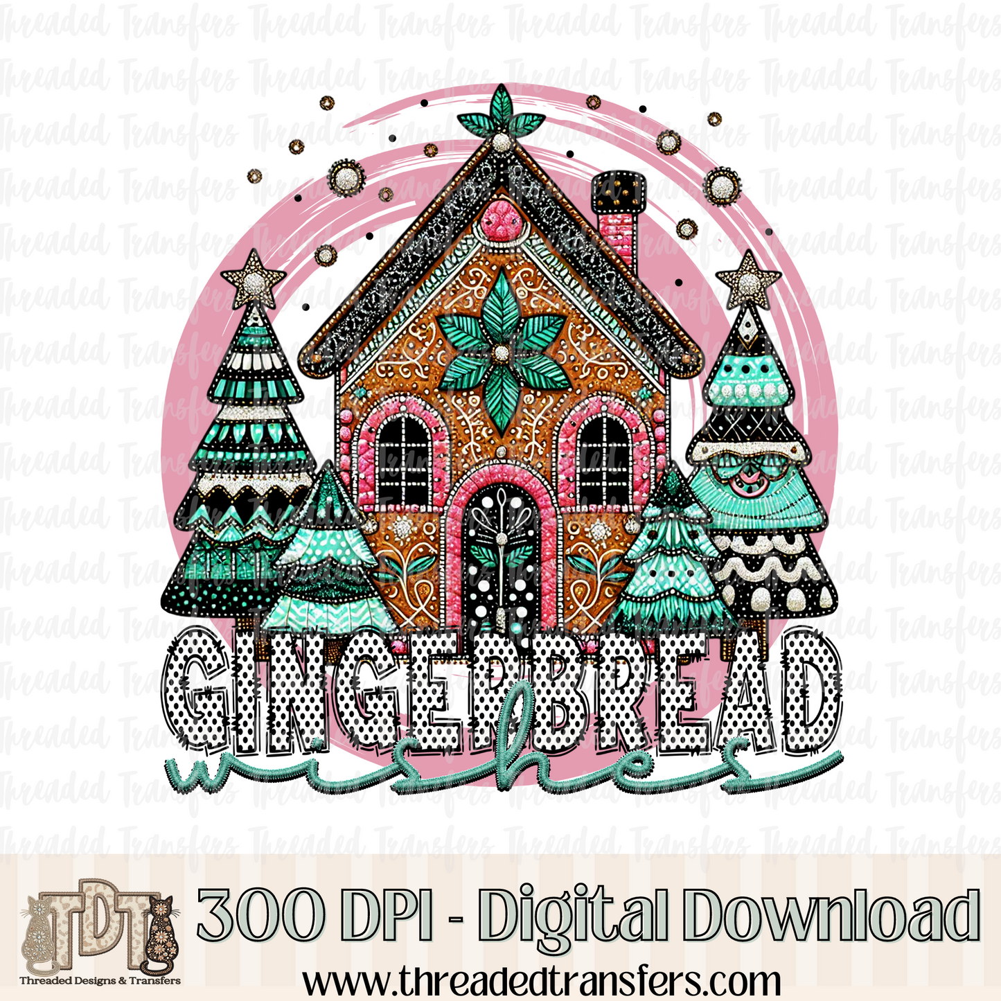 Gingerbread Wishes Faux Embroidery Digital Design Download (PNG Format - no product shipped)