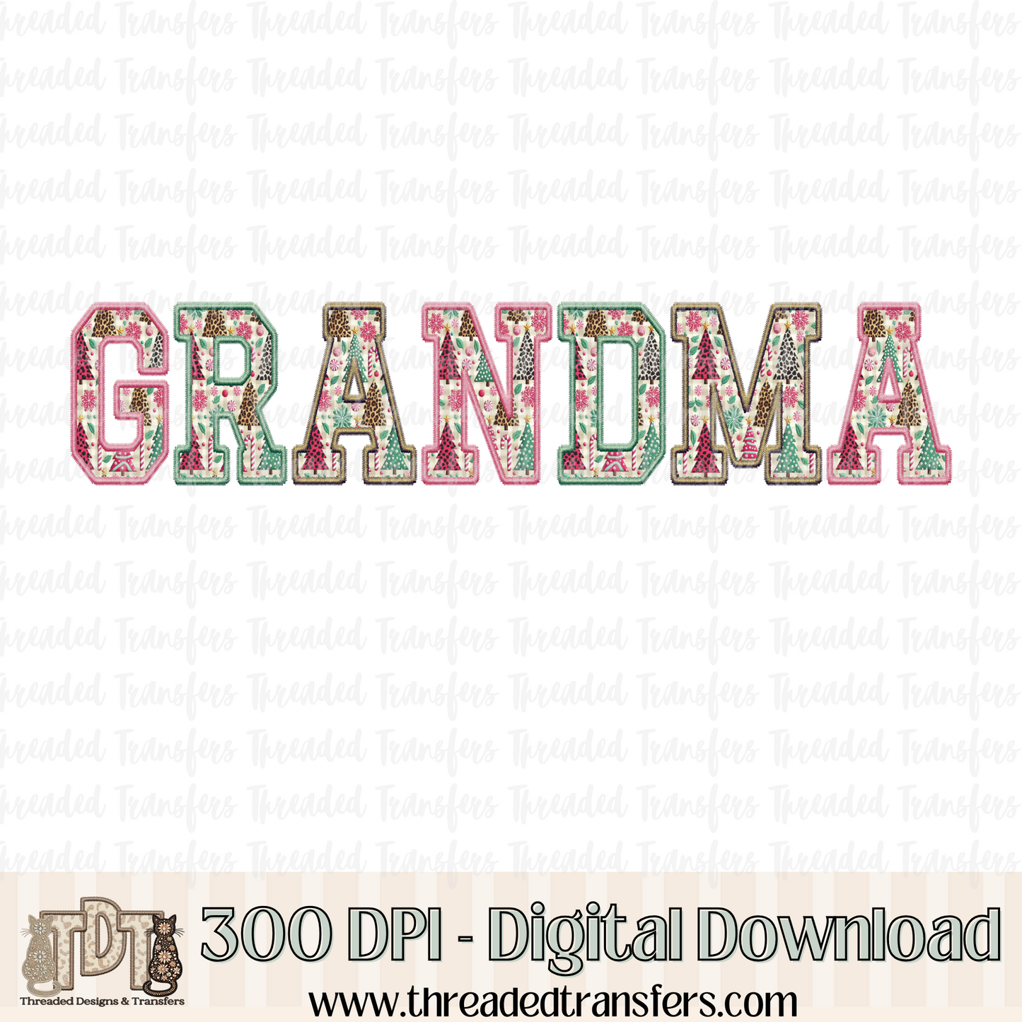 Grandma Christmas Fun Faux Embroidery Digital Design Download (PNG Format - no product shipped)