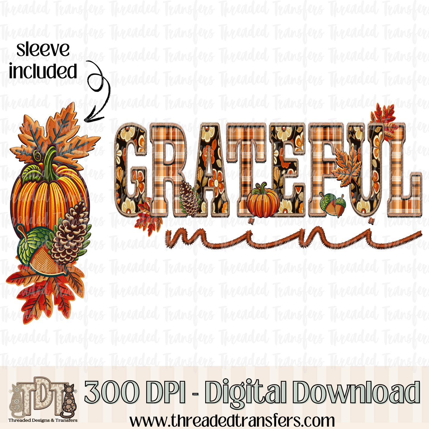 Grateful Fall Mini and Matching Sleeve Faux Embroidery Digital Design Download (PNG Format - no product shipped)