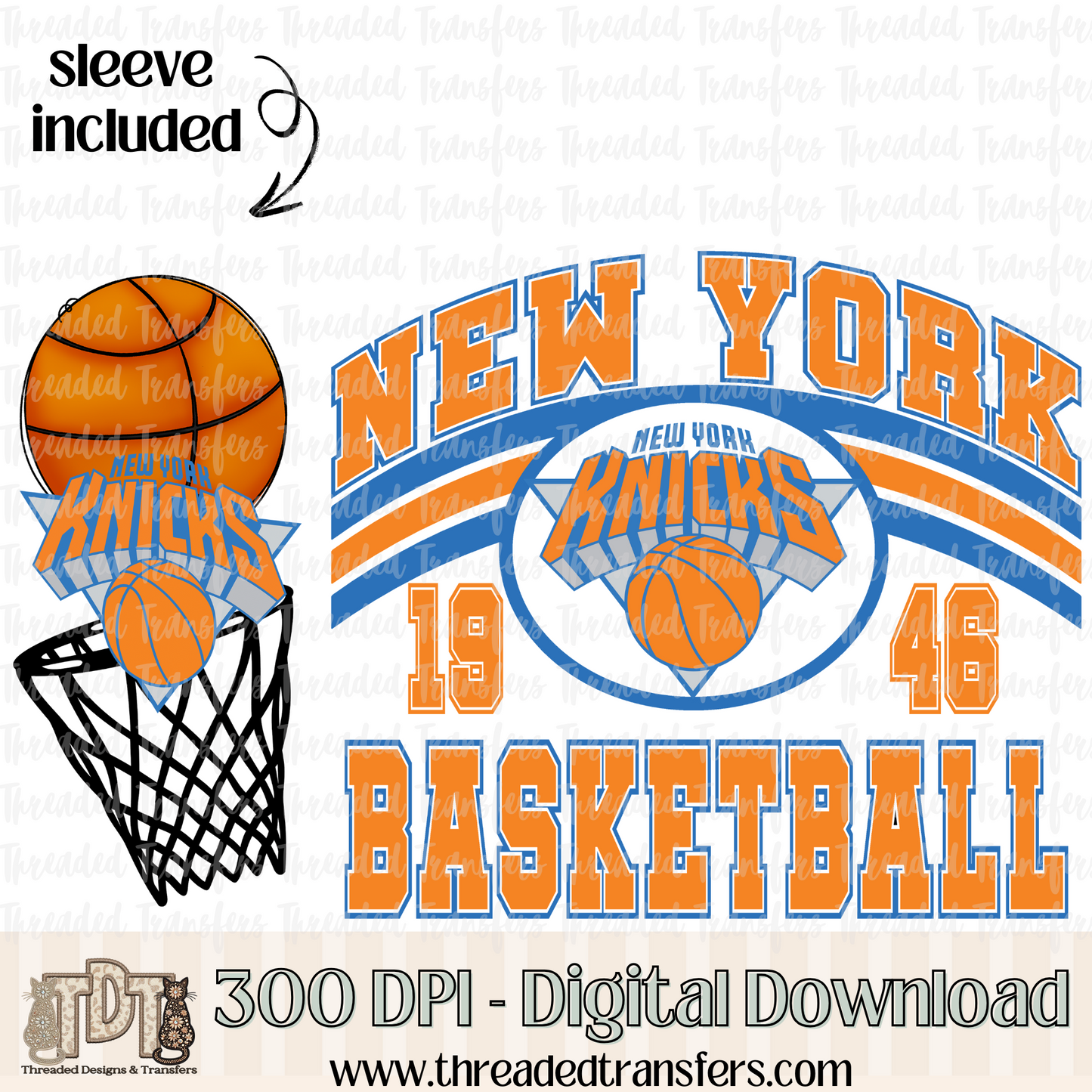 New York Retro B Ball & Matching Sleeve Digital Design Download (PNG Format - no product shipped)