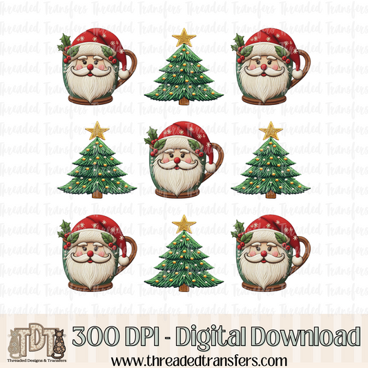 Santa Mug and Tree Faux Embroidery Digital Design Download (PNG Format - no product shipped)