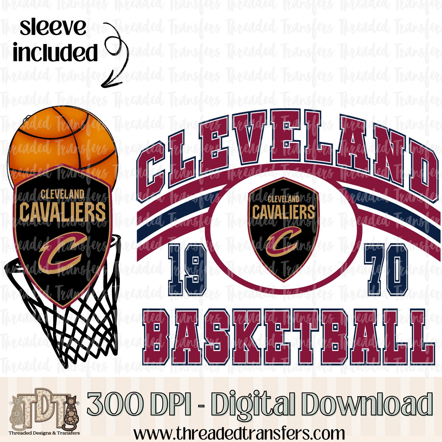 Cleveland Retro B Ball & Matching Sleeve Digital Design Download (PNG Format - no product shipped)