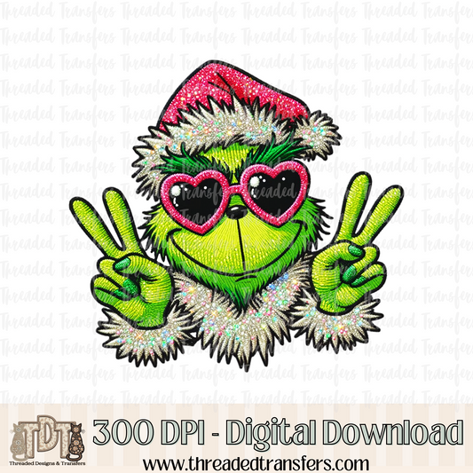 Peace Green Monster with Sunnies Faux Embroidery Digital Design Download (PNG Format - no product shipped)