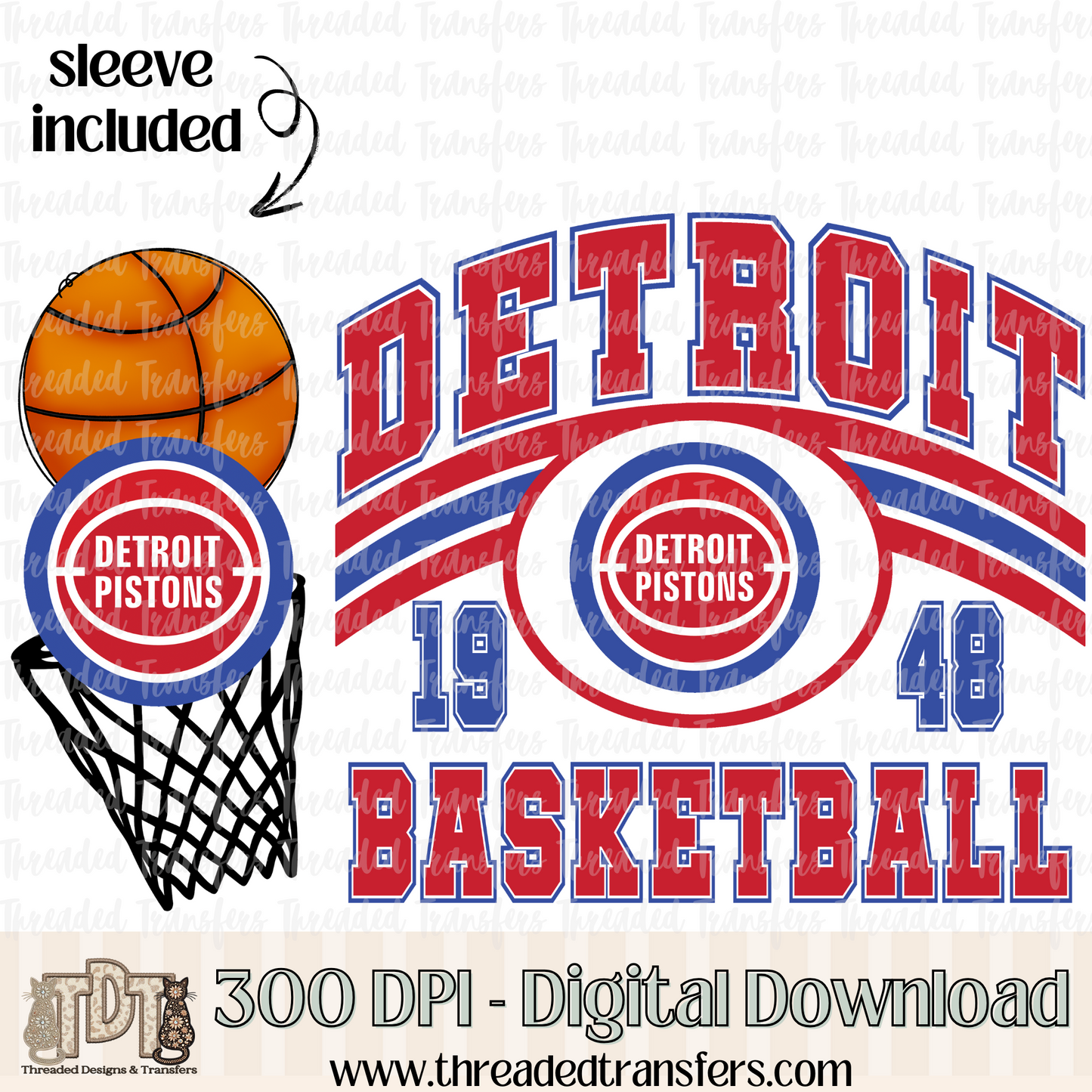 Detroit Retro B Ball & Matching Sleeve Digital Design Download (PNG Format - no product shipped)