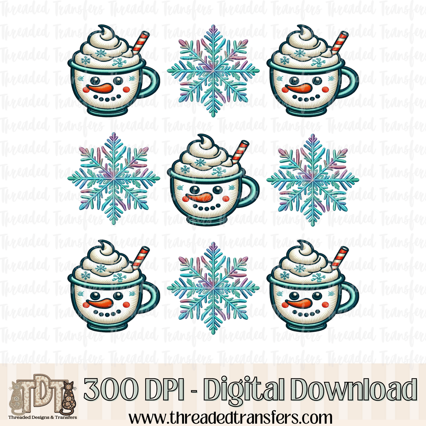 Snowman Mug and Snowflake Faux Embroidery Digital Design Download (PNG Format - no product shipped)