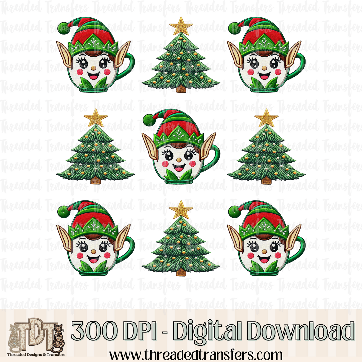 Elf Mug and Tree Faux Embroidery Digital Design Download (PNG Format - no product shipped)