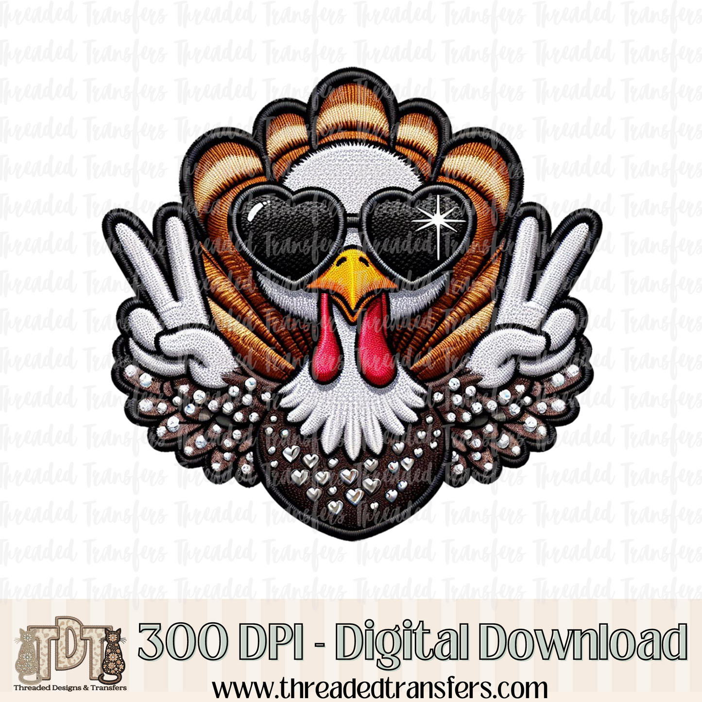 Peace Turkey with Sunnies Faux Embroidery Digital Design Download (PNG Format - no product shipped)