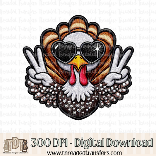 Peace Turkey with Sunnies Faux Embroidery Digital Design Download (PNG Format - no product shipped)