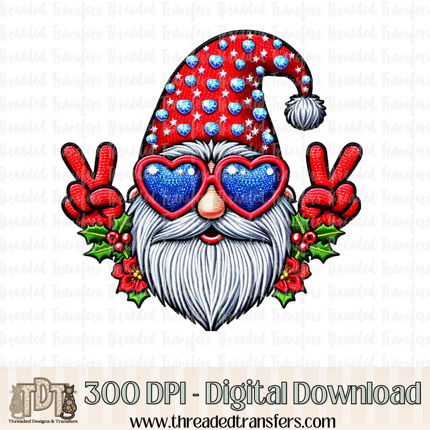 Peace Gnome with Sunnies Faux Embroidery Digital Design Download (PNG Format - no product shipped)