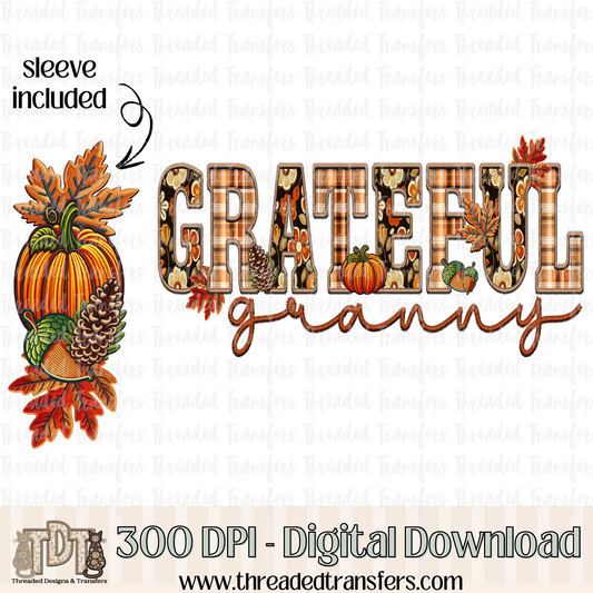 Grateful Fall Granny and Matching Sleeve Faux Embroidery Digital Design Download (PNG Format - no product shipped)