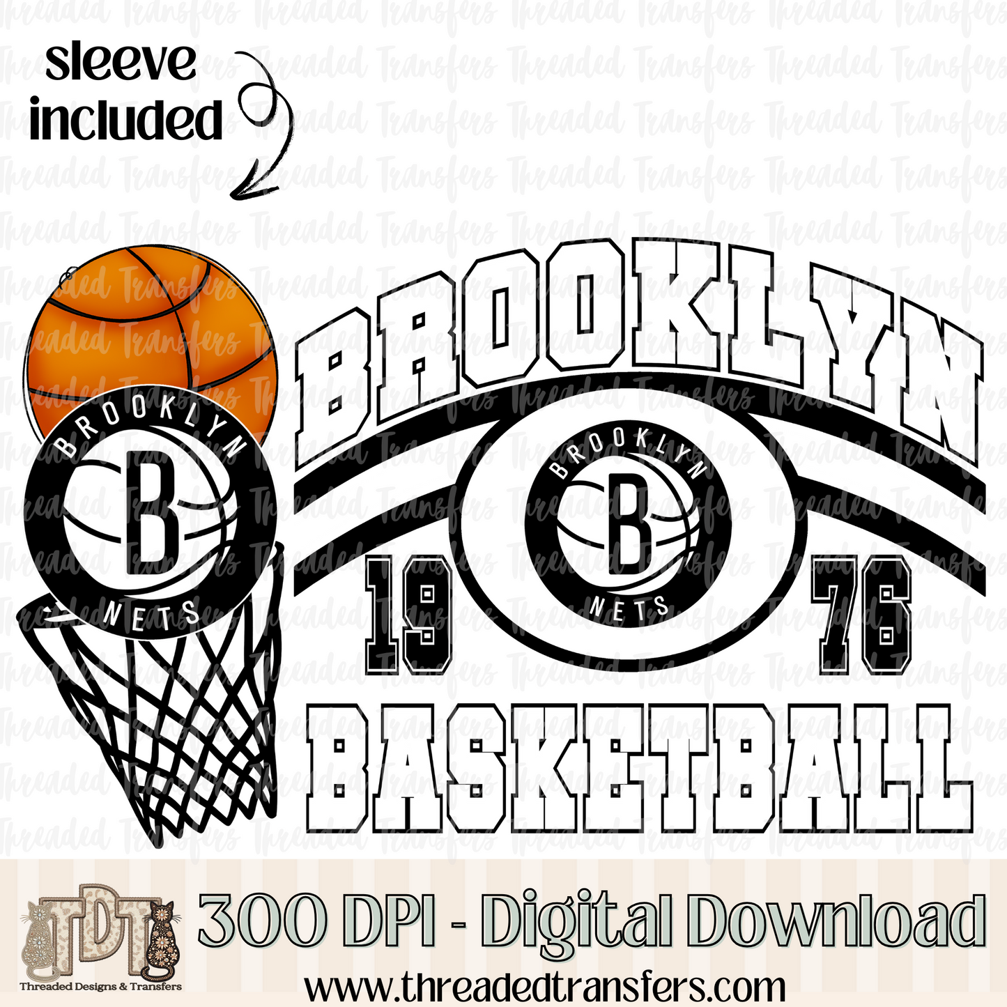 Brooklyn Retro B Ball & Matching Sleeve Digital Design Download (PNG Format - no product shipped)