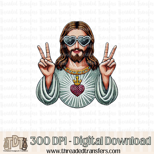 Peace Jesus with Sunnies Faux Embroidery Digital Design Download (PNG Format - no product shipped)