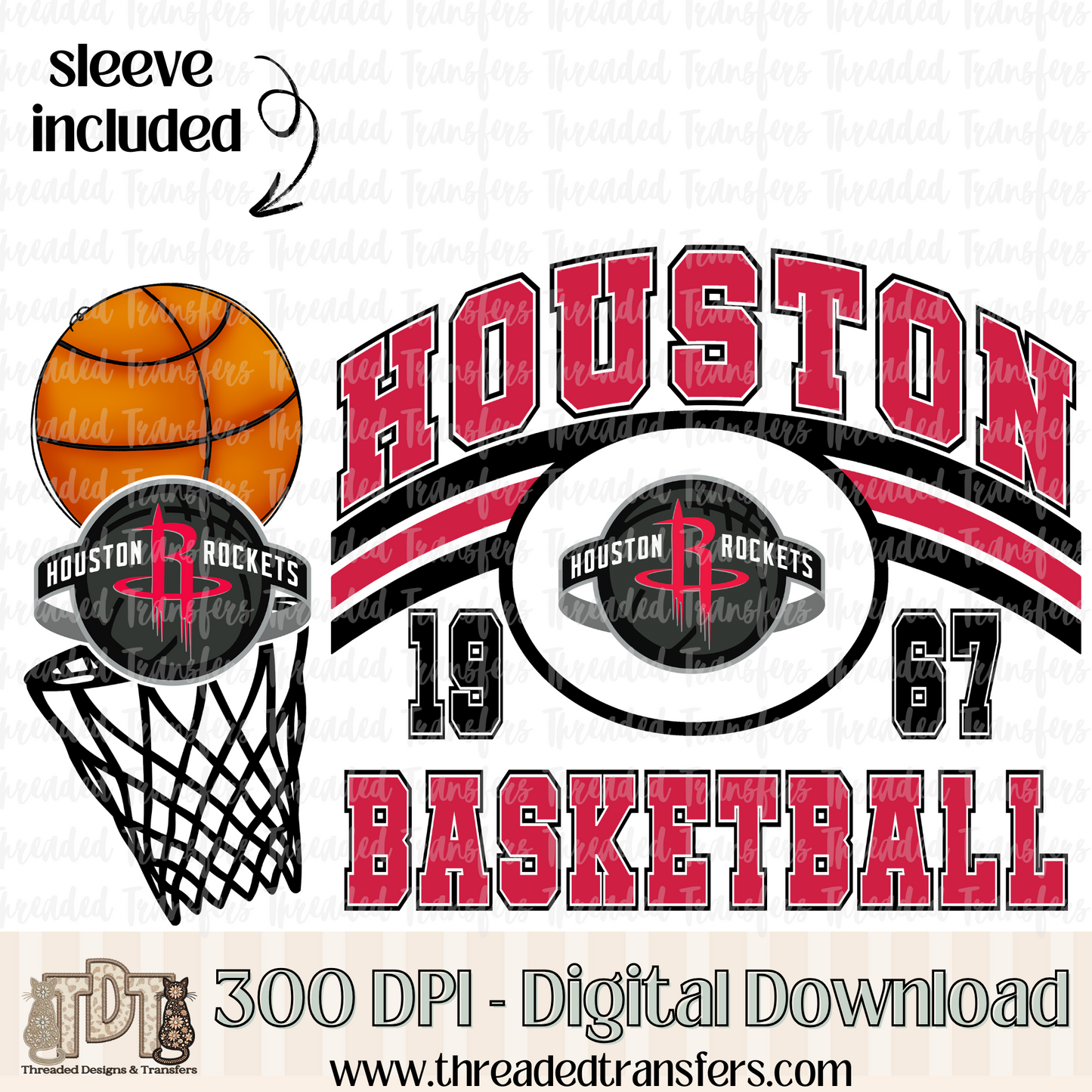 Houston Retro B Ball & Matching Sleeve Digital Design Download (PNG Format - no product shipped)