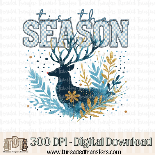 Tis the Season Reindeer Faux Embroidery Digital Design Download (PNG Format - no product shipped)