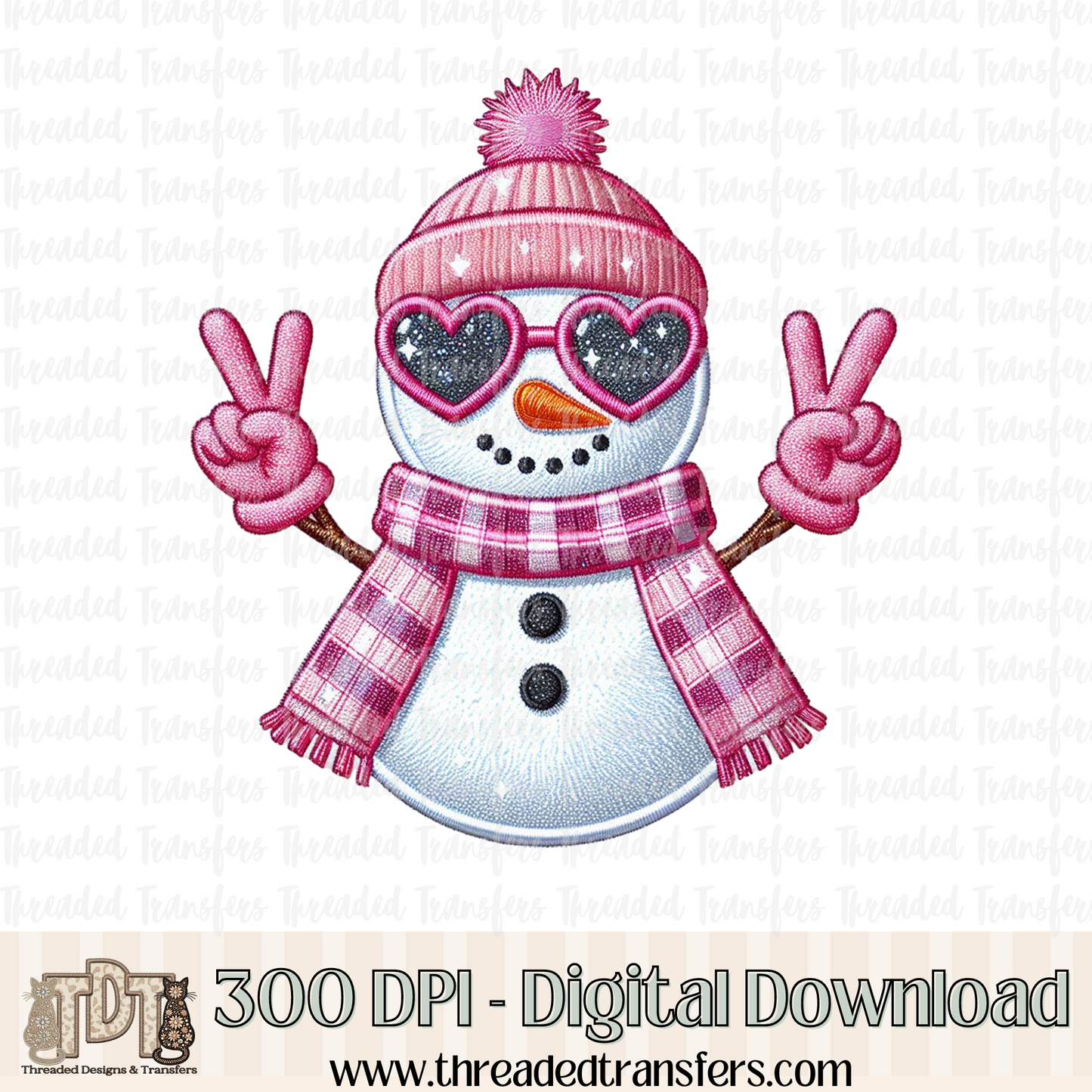 Peace Snowman with Sunnies Faux Embroidery Digital Design Download (PNG Format - no product shipped)