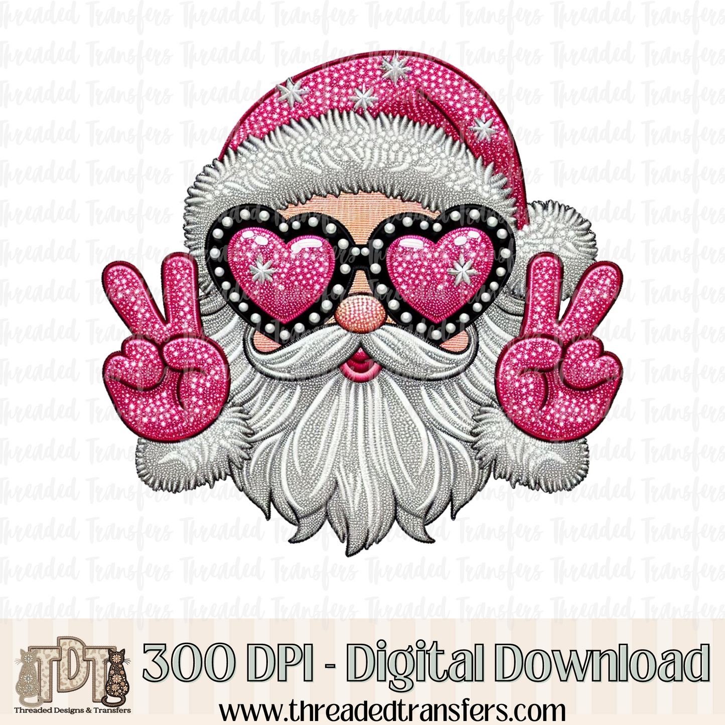 Peace Santa with Sunnies Faux Embroidery Digital Design Download (PNG Format - no product shipped)