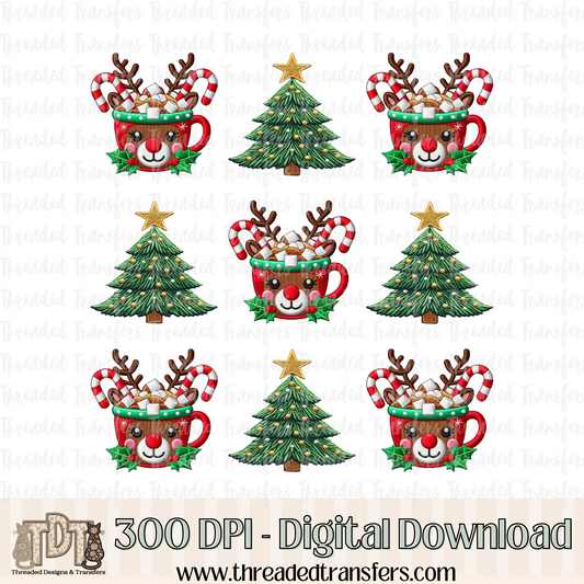 Reindeer Mug and Tree Faux Embroidery Digital Design Download (PNG Format - no product shipped)