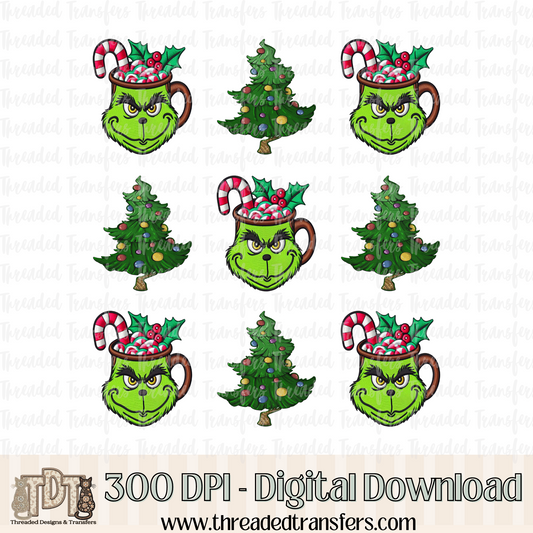 Mean Green Mug and Tree Faux Embroidery Digital Design Download (PNG Format - no product shipped)