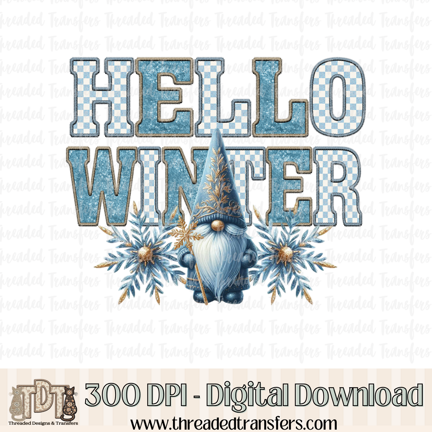 Hello Winter Gnome Faux Embroidery Digital Design Download (PNG Format - no product shipped)