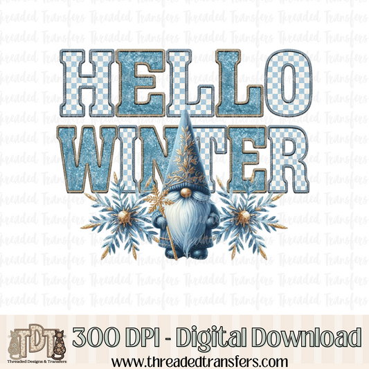 Hello Winter Gnome Faux Embroidery Digital Design Download (PNG Format - no product shipped)