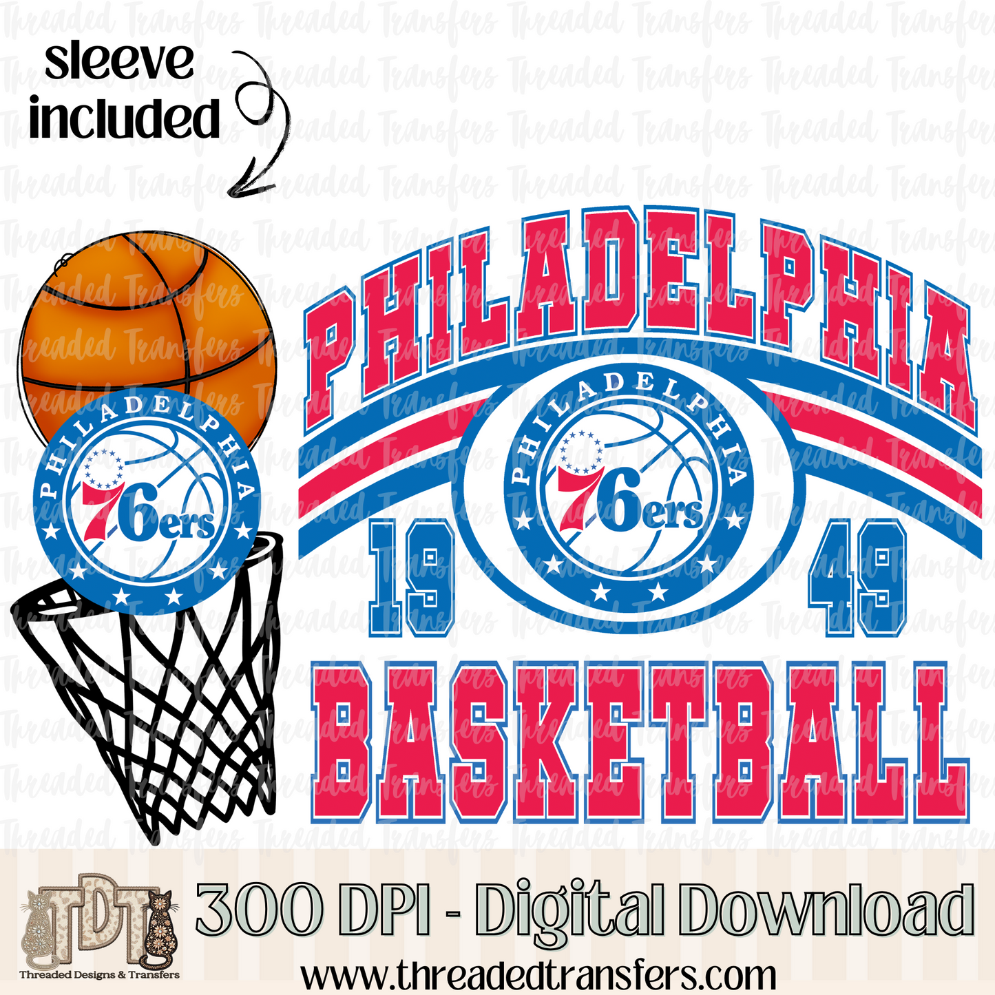 Philadelphia Retro B Ball & Matching Sleeve Digital Design Download (PNG Format - no product shipped)