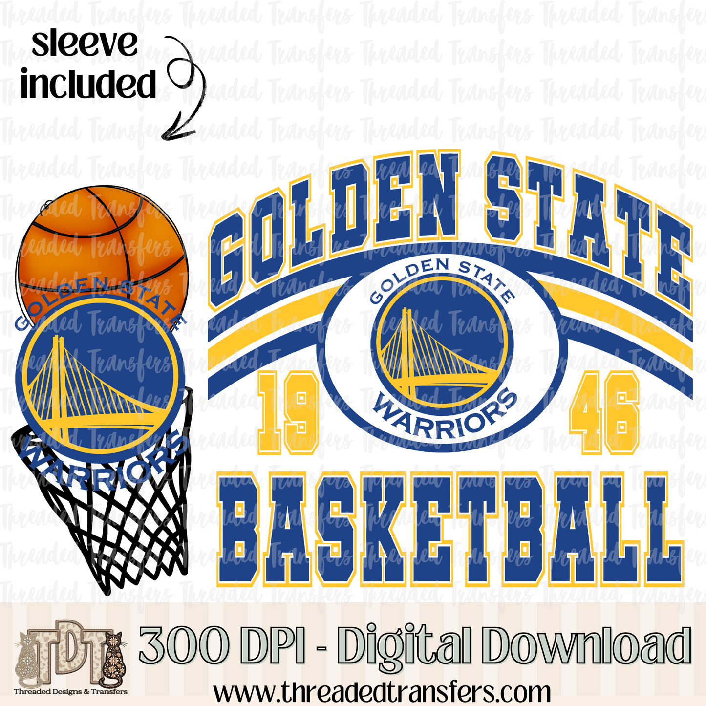 Golden State Retro B Ball & Matching Sleeve Digital Design Download (PNG Format - no product shipped)