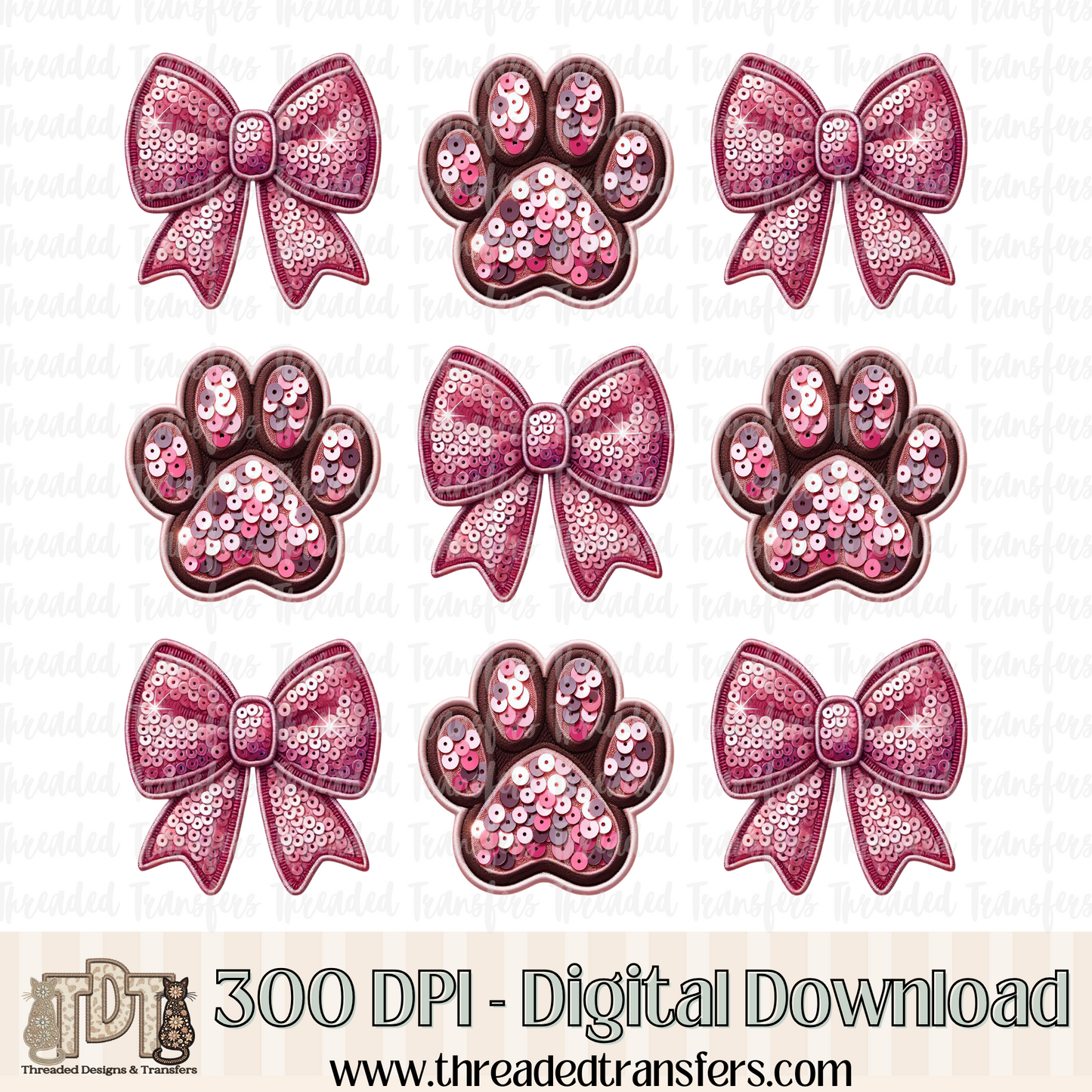 Paws and Bows Faux Embroidery and Faux Sequin Digital Design Download (PNG Format - no product shipped)