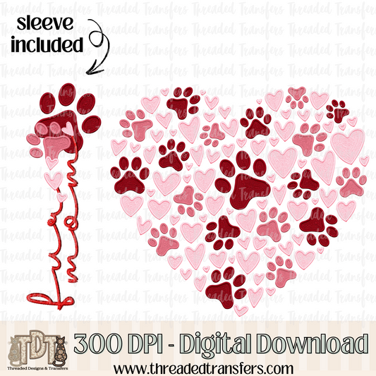 Paw Print Heart & Matching Sleeve Faux Embroidery Digital Design Download (PNG Format - no product shipped)