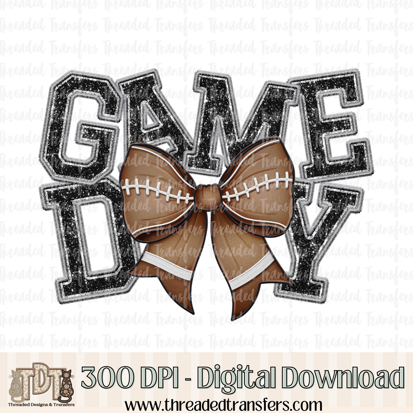 Game Day Football Bow Faux Embroidery Digital Design Download (PNG Format - no product shipped)