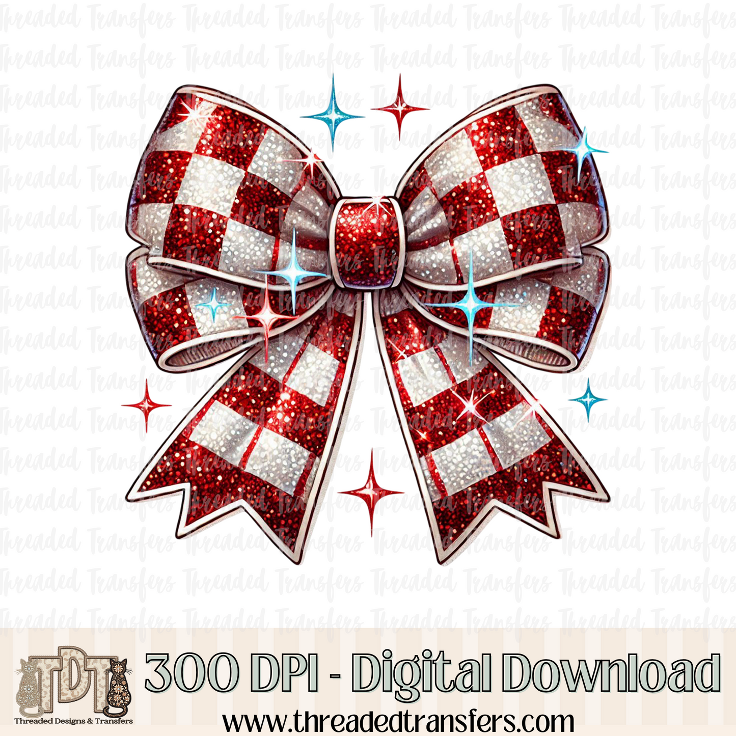 Red Checker Glitter Coquette Bow Digital Design Download (PNG Format - no product shipped)