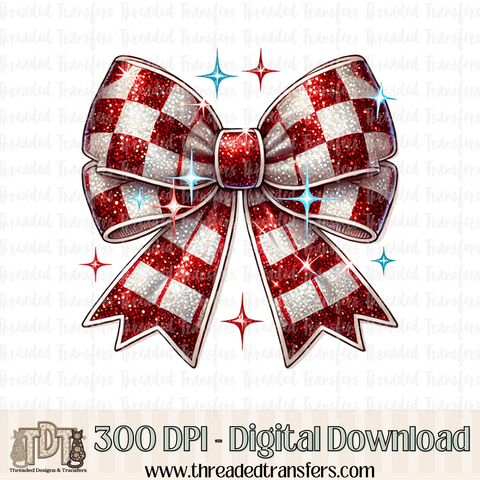 Red Checker Glitter Coquette Bow Digital Design Download (PNG Format - no product shipped)