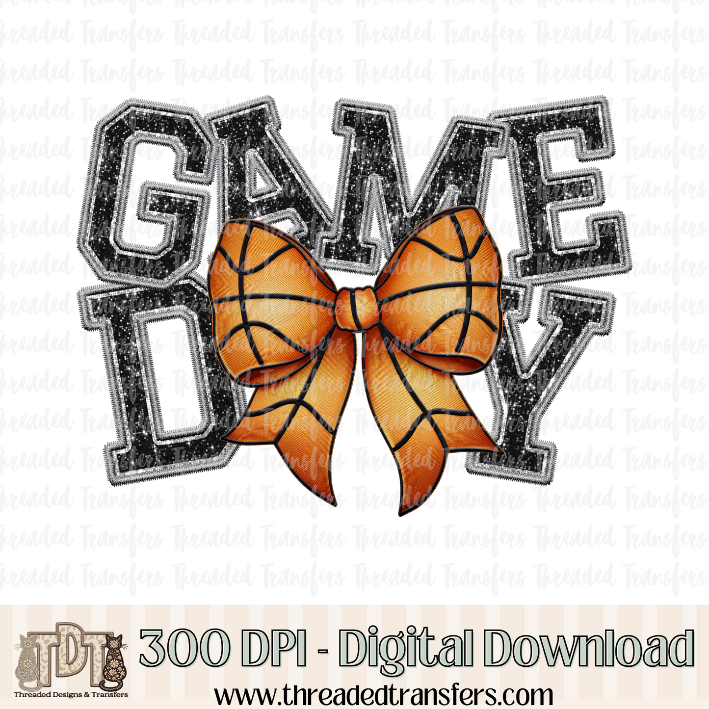 Game Day Basketball Bow Faux Embroidery Digital Design Download (PNG Format - no product shipped)