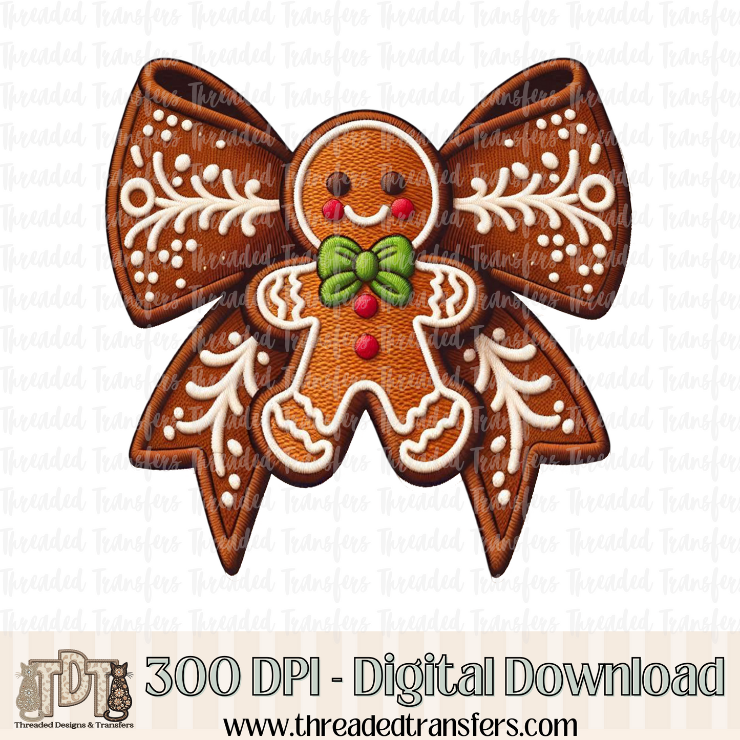 Gingerbread Coquette Bow Faux Embroidery Digital Design Download (PNG Format - no product shipped)