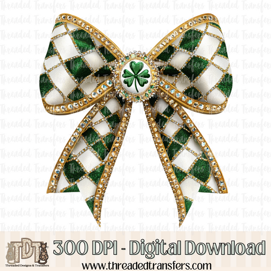 St. Patrick's Day Checker Bow Faux Rhinestone Digital Design Download (PNG Format - no product shipped)