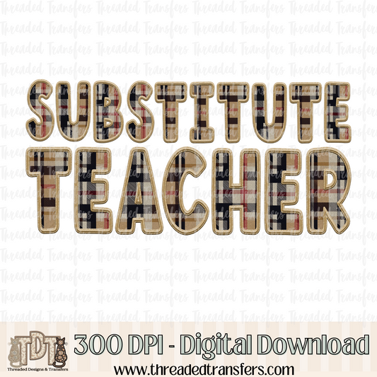 Substitute Teacher Fall Plaid Faux Embroidery Digital Design Download (PNG Format - no product shipped)