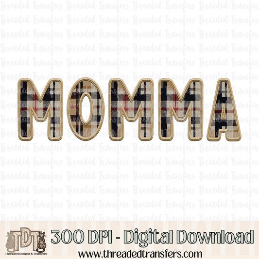 Momma Fall Plaid Faux Embroidery Digital Design Download (PNG Format - no product shipped)