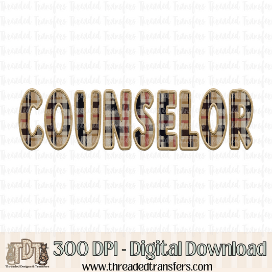 Counselor Fall Plaid Faux Embroidery Digital Design Download (PNG Format - no product shipped)