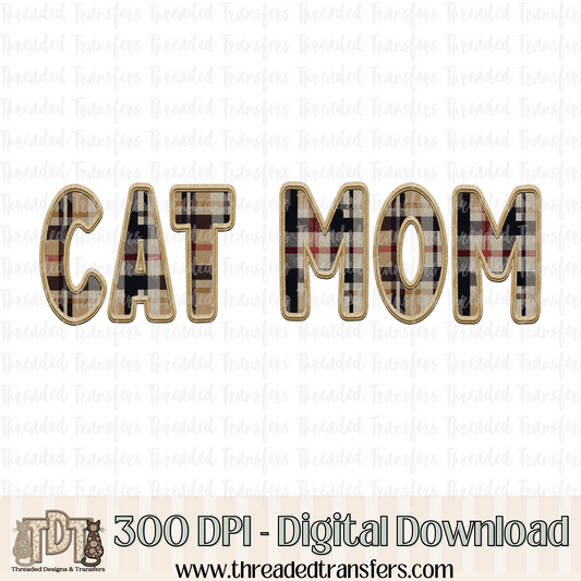 Cat Mom Fall Plaid Faux Embroidery Digital Design Download (PNG Format - no product shipped)