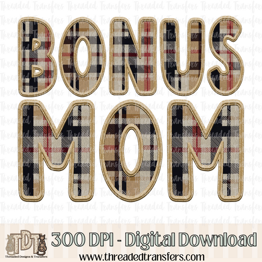 Bonus Mom Fall Plaid Faux Embroidery Digital Design Download (PNG Format - no product shipped)