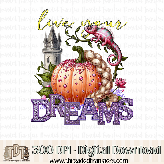 Live Your Dreams Fairytale Pumpkin Faux Rhinestone & Faux Embroidery Digital Design Download (PNG Format - no product shipped)