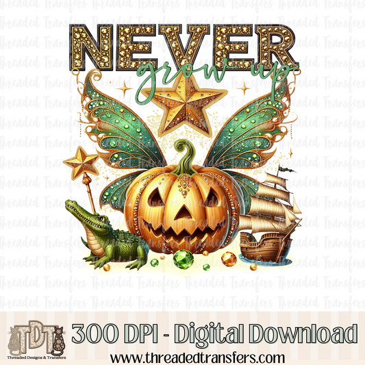 Never Grow Up Fairytale Pumpkin Faux Rhinestone & Faux Embroidery Digital Design Download (PNG Format - no product shipped)