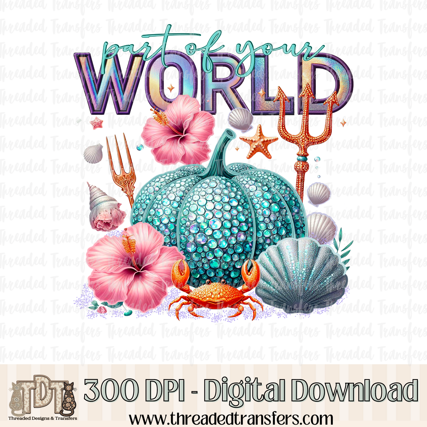 Part of Your World Fairytale Pumpkin Faux Rhinestone & Faux Embroidery Digital Design Download (PNG Format - no product shipped)