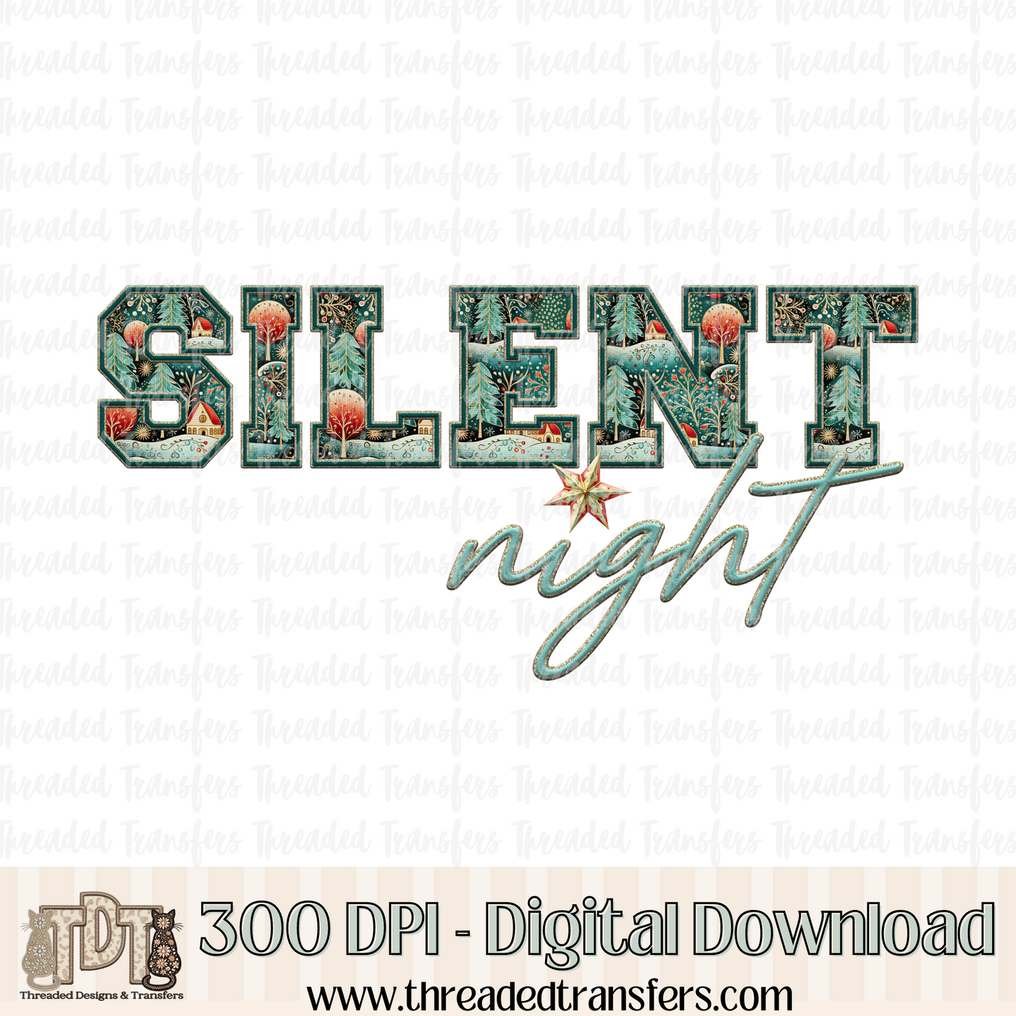 Silent Night Faux Embroidery and Sparkles Digital Design Download (PNG Format - no product shipped)